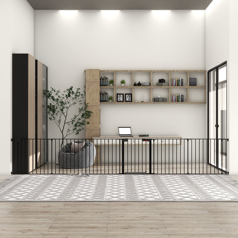 HKM-4219837 150-Inch Adjustable Safety Gate with Walk-Through Door for Pets and Kids, Metal Enclosure for Fireplaces and Play Areas