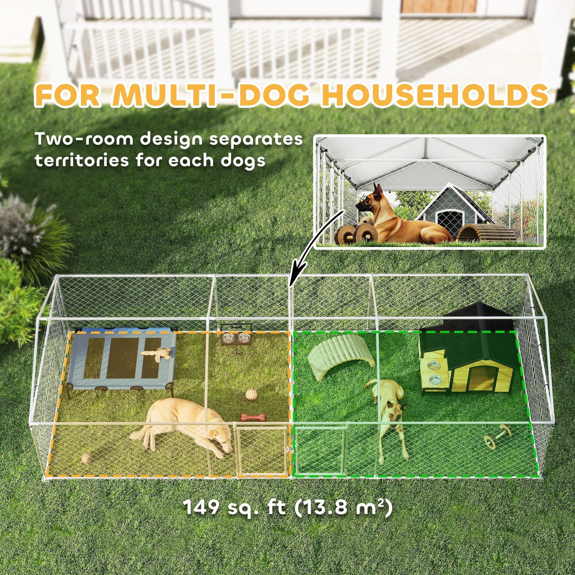 HKM-4220221 Two Room Outdoor Dog Kennel with Roof, Waterproof UV-Resistant Cover, Secure Lock, 19.7' x 7.5' x 5.2'
