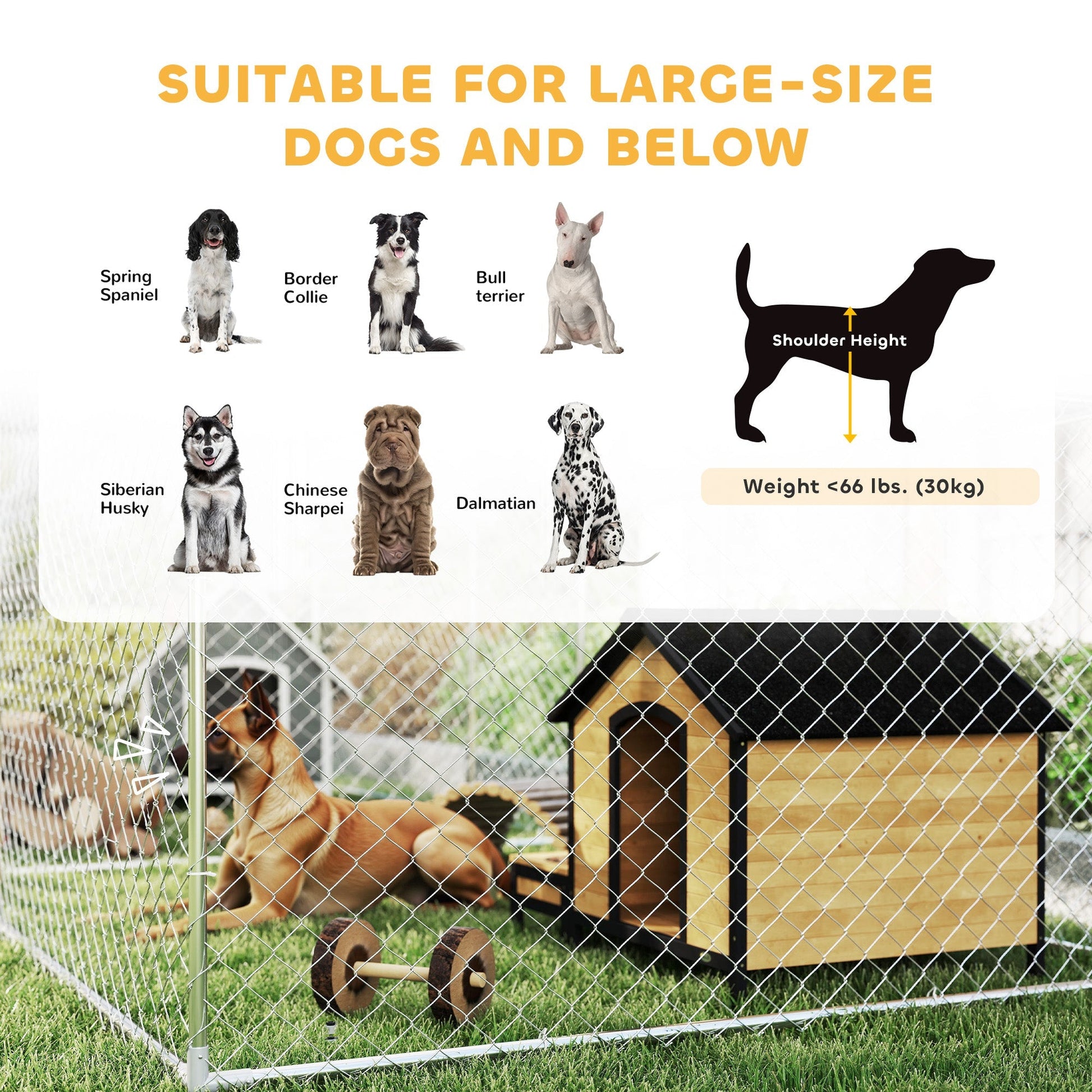 HKM-4220221 Two Room Outdoor Dog Kennel with Roof, Waterproof UV-Resistant Cover, Secure Lock, 19.7' x 7.5' x 5.2'