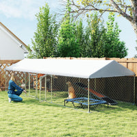 HKM-4220221 Two Room Outdoor Dog Kennel with Roof, Waterproof UV-Resistant Cover, Secure Lock, 19.7' x 7.5' x 5.2'
