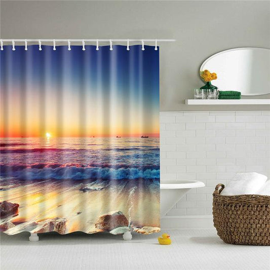 HKM-422035 3D Sea View Beach Shower Curtain Set – Waterproof Polyester, Modern Seascape Design, 180x180 cm
