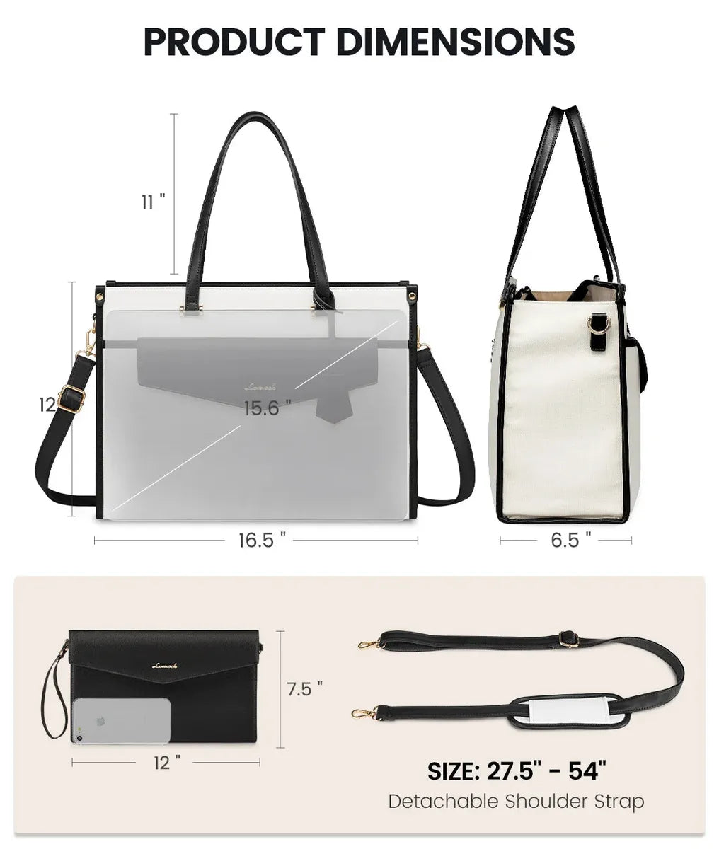HKM-422035 Vintage Leather 15.6 in Tote Bag Set for Business Women - Office Briefcase with Clutch Purse and Laptop Compartment