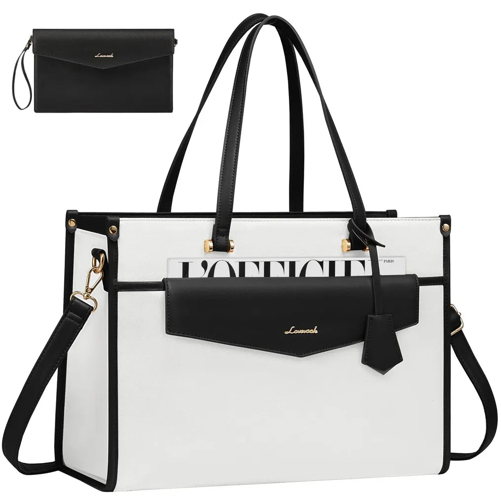 HKM-422035 Vintage Leather 15.6 in Tote Bag Set for Business Women - Office Briefcase with Clutch Purse and Laptop Compartment