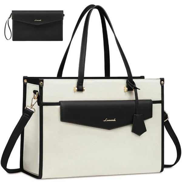 HKM-422035 Vintage Leather 15.6 in Tote Bag Set for Business Women - Office Briefcase with Clutch Purse and Laptop Compartment