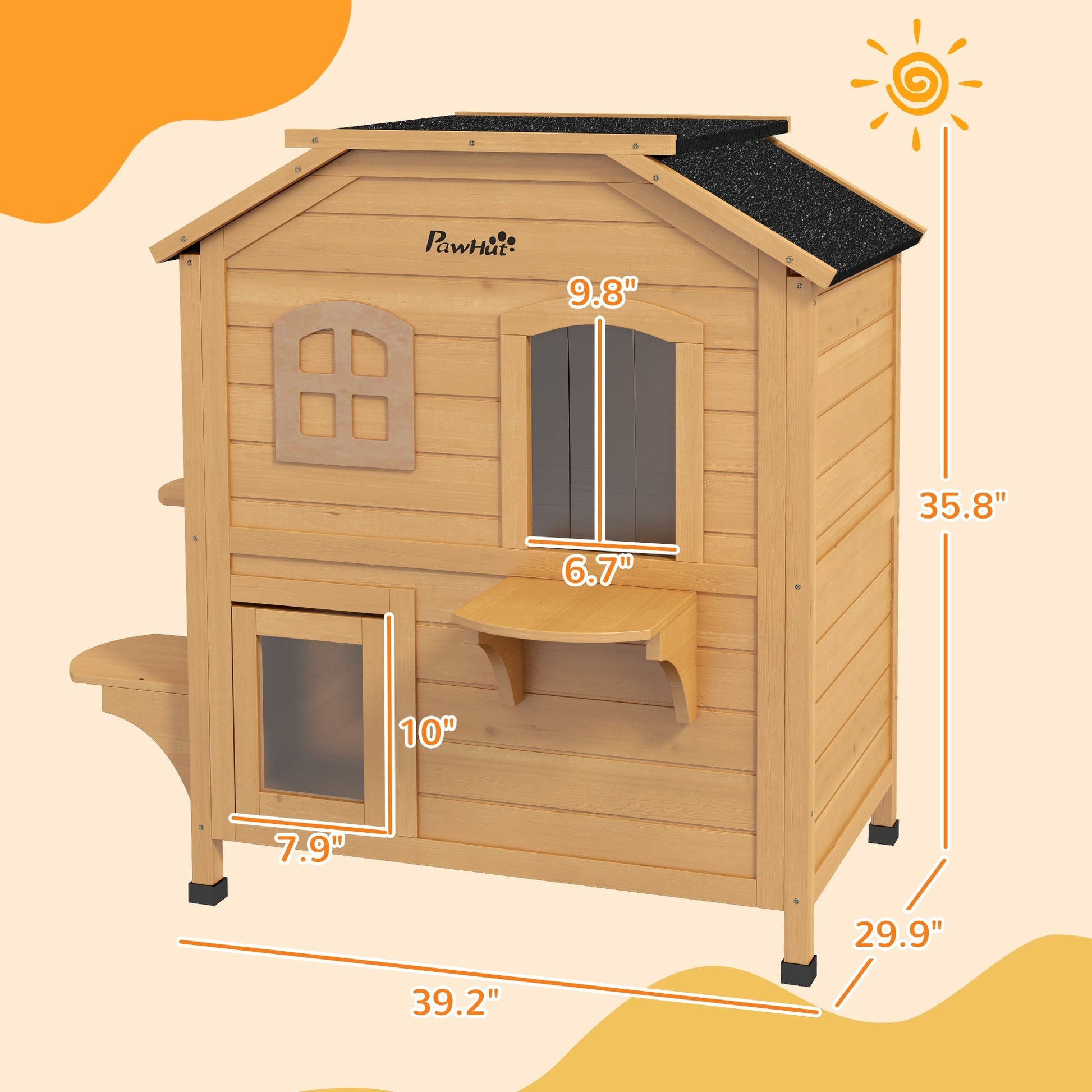 HKM-4220605 2-Story Weatherproof Wooden Cat House with Multiple Entrances and Jumping Platforms