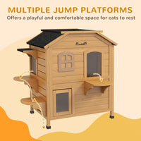 HKM-4220605 2-Story Weatherproof Wooden Cat House with Multiple Entrances and Jumping Platforms