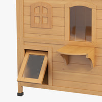 HKM-4220605 2-Story Weatherproof Wooden Cat House with Multiple Entrances and Jumping Platforms