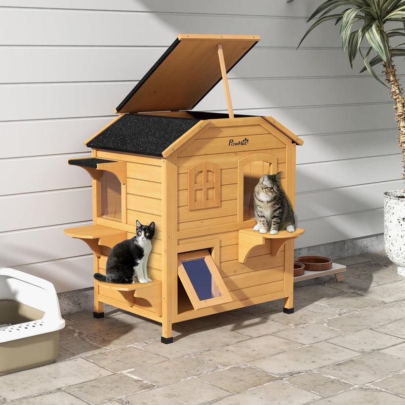 HKM-4220605 2-Story Weatherproof Wooden Cat House with Multiple Entrances and Jumping Platforms