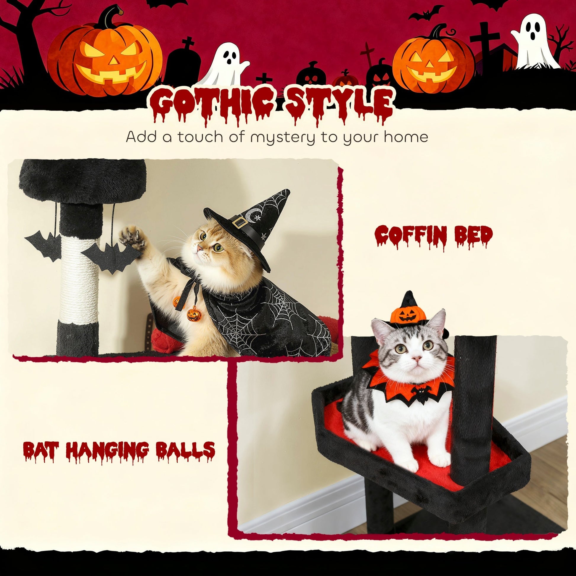 HKM-4225597 Gothic Cat Tree Tower with Coffin Bed, Two Condos, Scratching Posts, and Bat Toys - 78 Inches