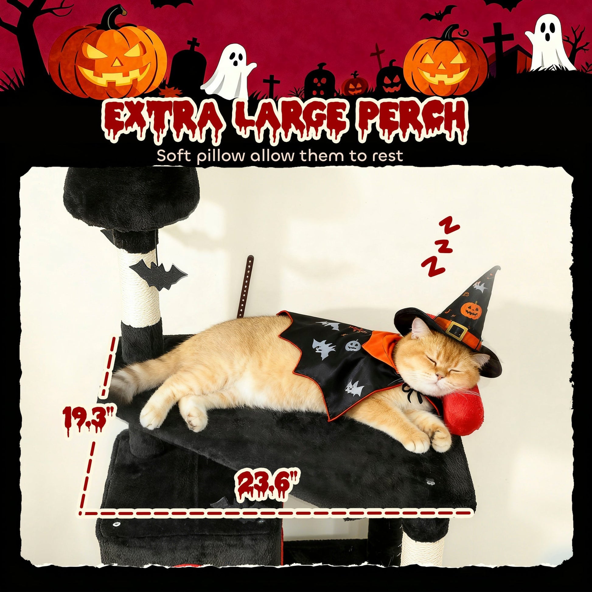 HKM-4225597 Gothic Cat Tree Tower with Coffin Bed, Two Condos, Scratching Posts, and Bat Toys - 78 Inches