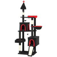 HKM-4225597 Gothic Cat Tree Tower with Coffin Bed, Two Condos, Scratching Posts, and Bat Toys - 78 Inches