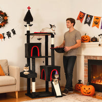 HKM-4225597 Gothic Cat Tree Tower with Coffin Bed, Two Condos, Scratching Posts, and Bat Toys - 78 Inches