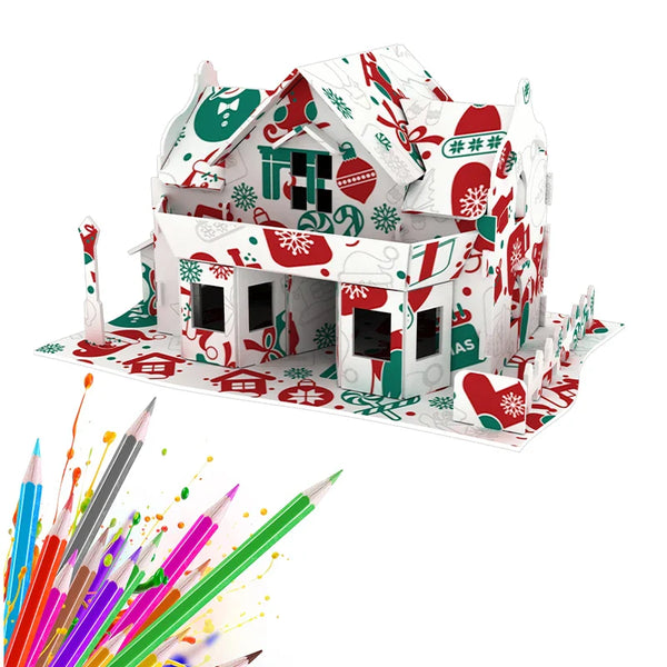 HKM-423059 3D DIY Paper Coloring Puzzle Christmas House Assembly for Kids