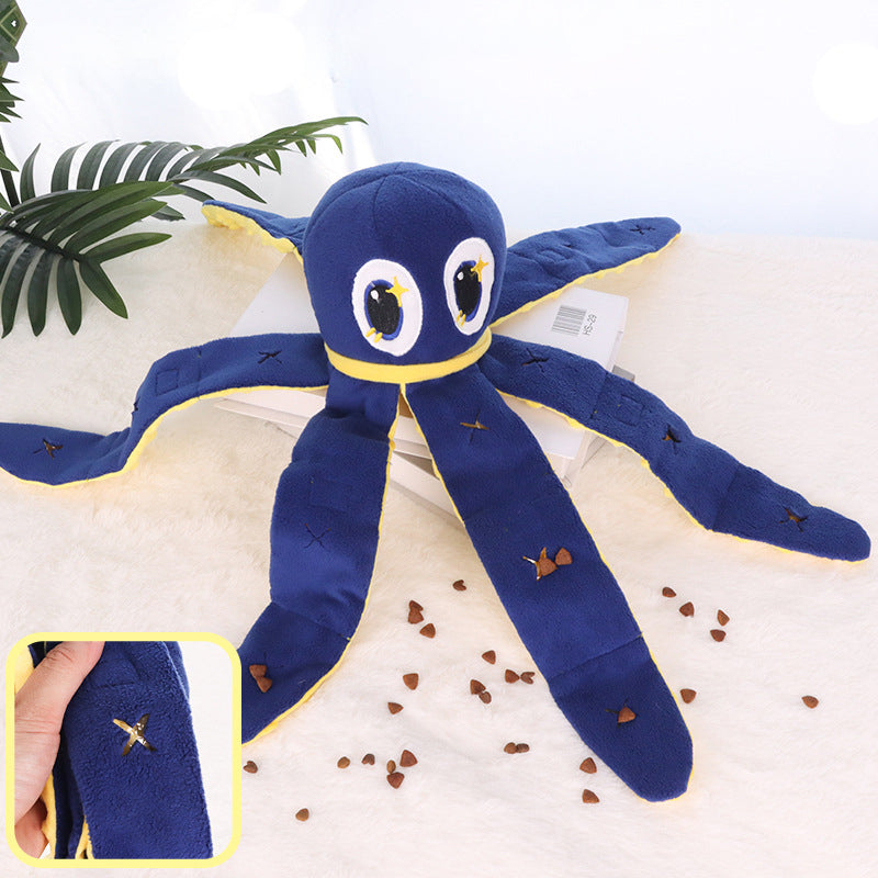 HKM-4236477 Big-Eyed Octopus Dog Toy with Hidden Treats and Sound Feature - Blue Velvet Fabric