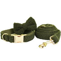 HKM-4239805 Army Green Velvet Four-Piece Pet Collar Set with Leash, Bow, and Vest