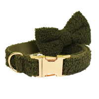 HKM-4239805 Army Green Velvet Four-Piece Pet Collar Set with Leash, Bow, and Vest
