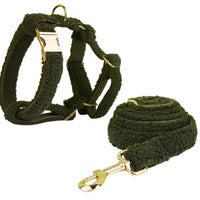 HKM-4239805 Army Green Velvet Four-Piece Pet Collar Set with Leash, Bow, and Vest