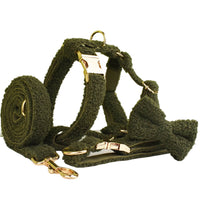 HKM-4239805 Army Green Velvet Four-Piece Pet Collar Set with Leash, Bow, and Vest