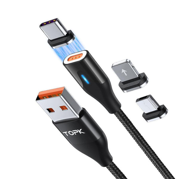 HKM-424019 Flat Magnetic Fast Charging Data Cable for Android, iOS, and TYPE-C Devices - Aluminum Alloy, TPE, Copper Core, LED Light