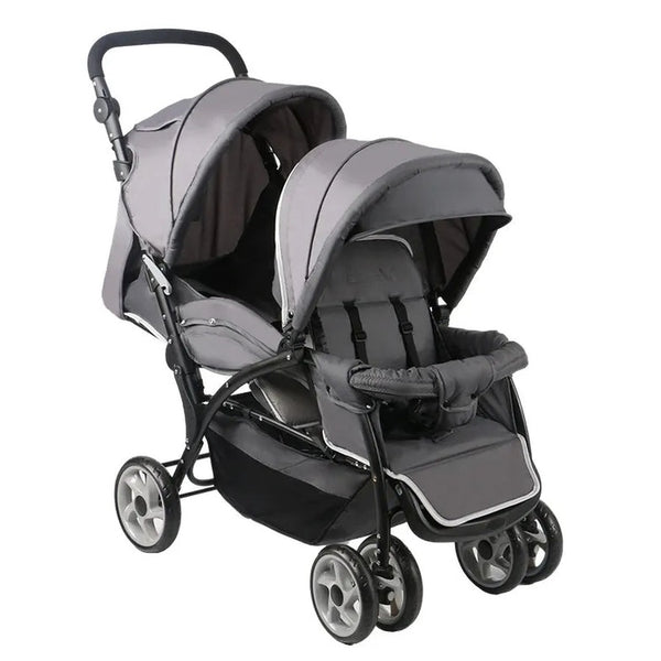 HKM-4240723 In-Line Double Stroller with Front and Rear Tiered Seats a Step-Up Rear View Six Wheels and an Under-Seat Basket