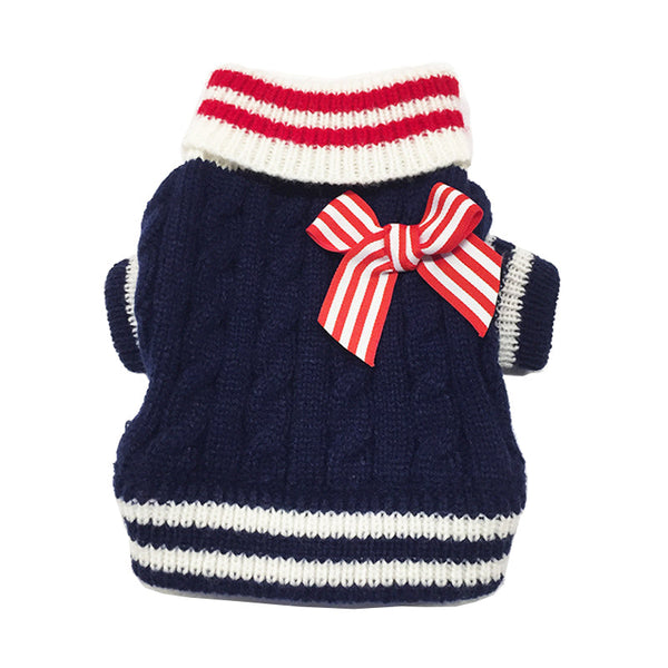 HKM-4241597 Stylish Acrylic Knit Sweater with Bowknot for Dogs - Pug Size Options in Blue and Red