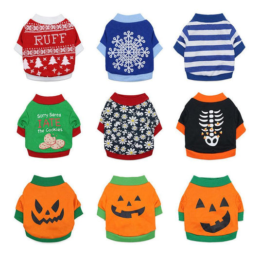 HKM-424211 Cotton Wool Short Sleeve Pet T-shirt in Various Halloween and Holiday Themes