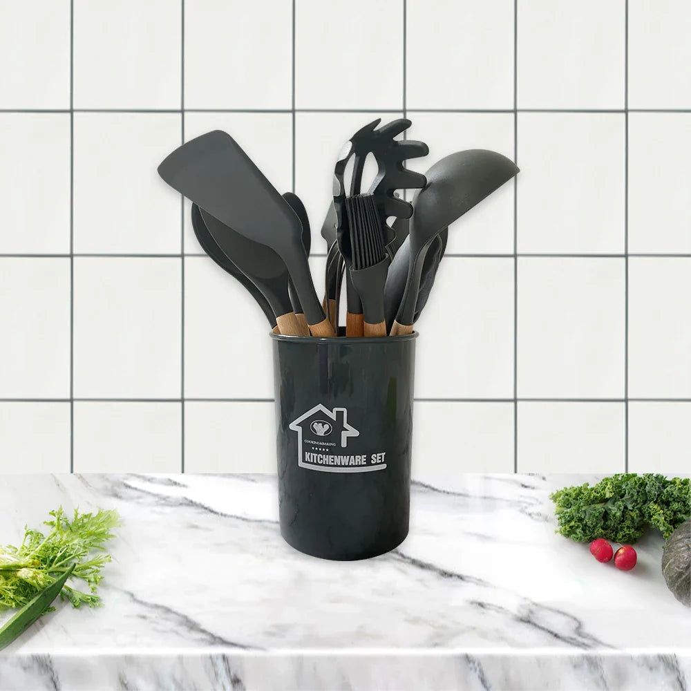 HKM-424339 Heat-Resistant Wooden Handle Silicone Cookware Set – 11 Pieces with Round Container
