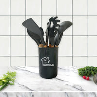 HKM-424339 Heat-Resistant Wooden Handle Silicone Cookware Set – 11 Pieces with Round Container