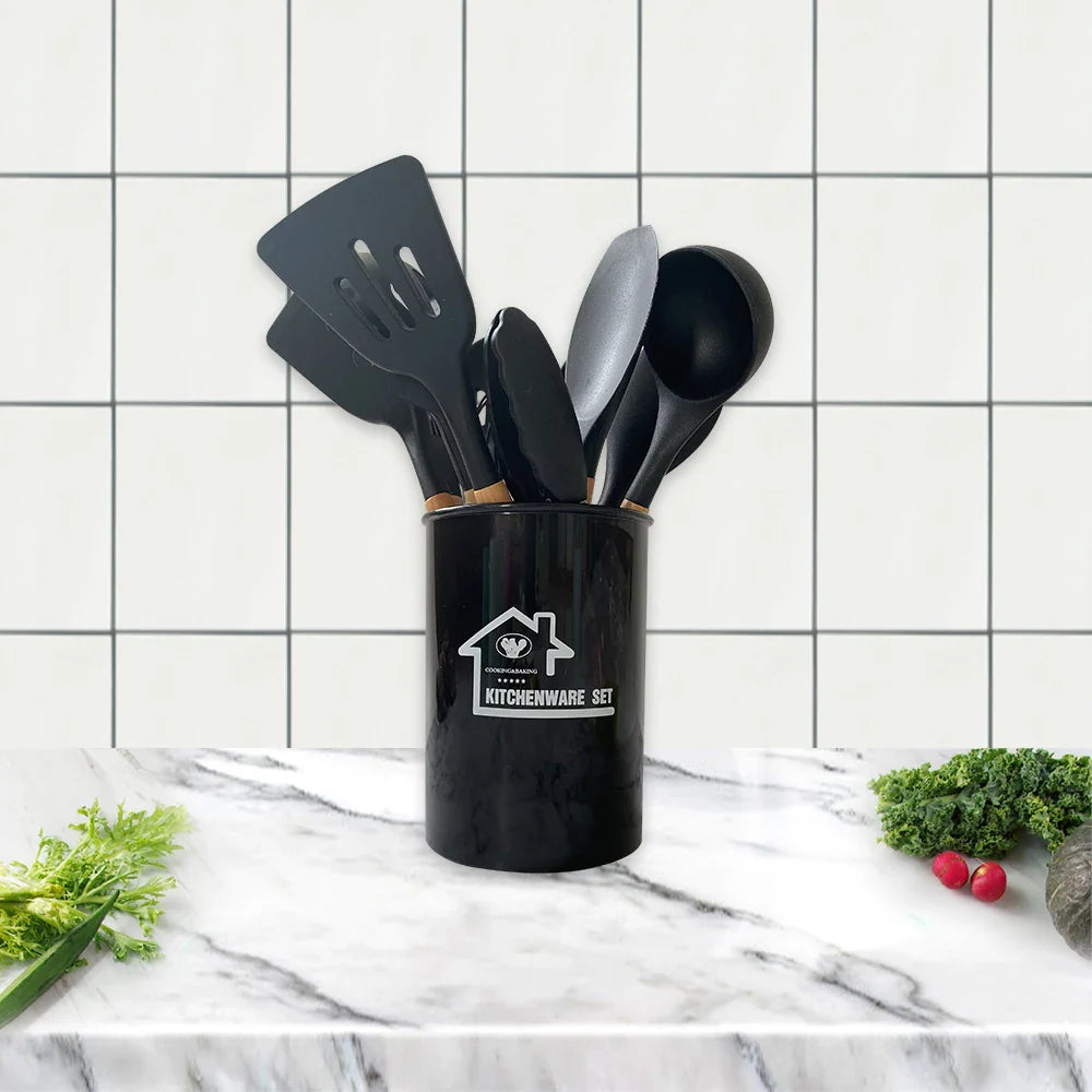 HKM-424339 Heat-Resistant Wooden Handle Silicone Cookware Set – 11 Pieces with Round Container