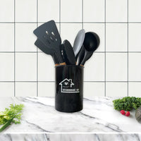 HKM-424339 Heat-Resistant Wooden Handle Silicone Cookware Set – 11 Pieces with Round Container