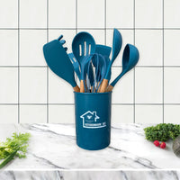 HKM-424339 Heat-Resistant Wooden Handle Silicone Cookware Set – 11 Pieces with Round Container