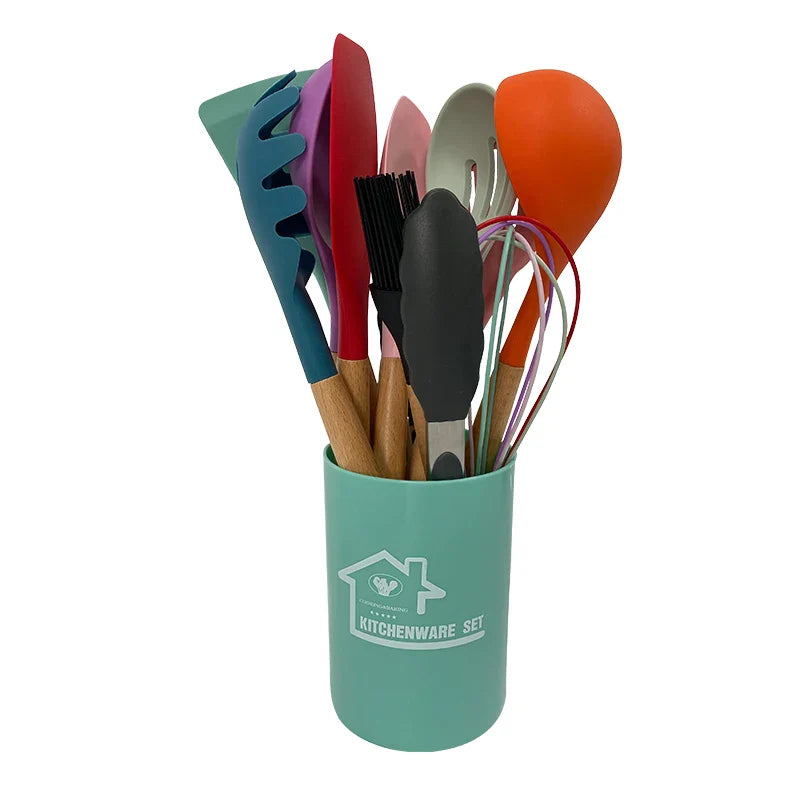 HKM-424339 Heat-Resistant Wooden Handle Silicone Cookware Set – 11 Pieces with Round Container
