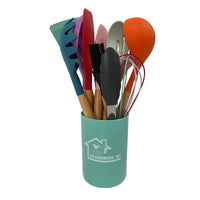 HKM-424339 Heat-Resistant Wooden Handle Silicone Cookware Set – 11 Pieces with Round Container