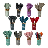 HKM-424339 Heat-Resistant Wooden Handle Silicone Cookware Set – 11 Pieces with Round Container