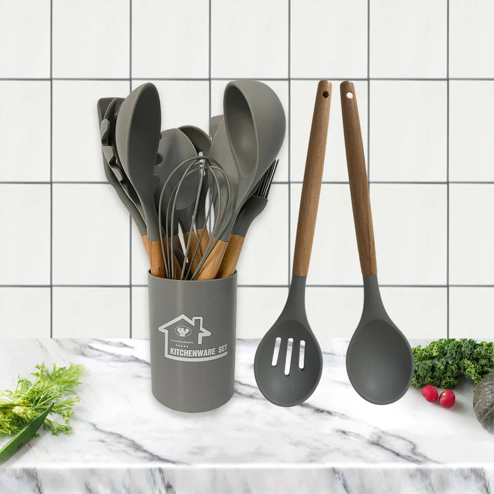 HKM-424339 Heat-Resistant Wooden Handle Silicone Cookware Set – 11 Pieces with Round Container