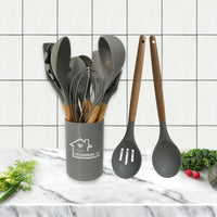HKM-424339 Heat-Resistant Wooden Handle Silicone Cookware Set – 11 Pieces with Round Container