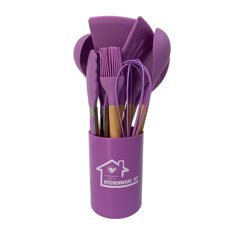 HKM-424339 Heat-Resistant Wooden Handle Silicone Cookware Set – 11 Pieces with Round Container