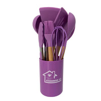 HKM-424339 Heat-Resistant Wooden Handle Silicone Cookware Set – 11 Pieces with Round Container