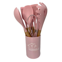 HKM-424339 Heat-Resistant Wooden Handle Silicone Cookware Set – 11 Pieces with Round Container