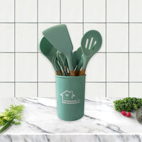 HKM-424339 Heat-Resistant Wooden Handle Silicone Cookware Set – 11 Pieces with Round Container