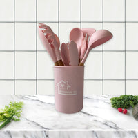 HKM-424339 Heat-Resistant Wooden Handle Silicone Cookware Set – 11 Pieces with Round Container