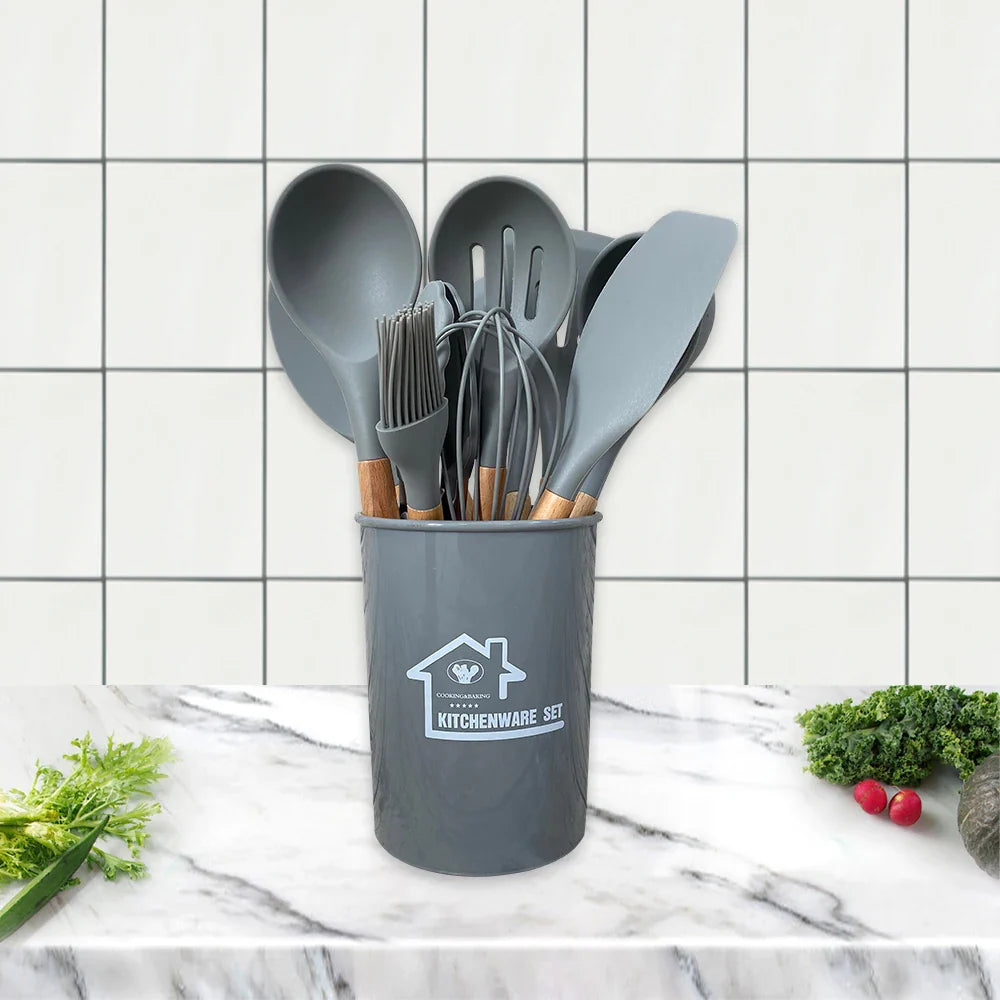 HKM-424339 Heat-Resistant Wooden Handle Silicone Cookware Set – 11 Pieces with Round Container
