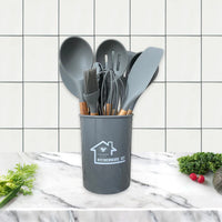 HKM-424339 Heat-Resistant Wooden Handle Silicone Cookware Set – 11 Pieces with Round Container