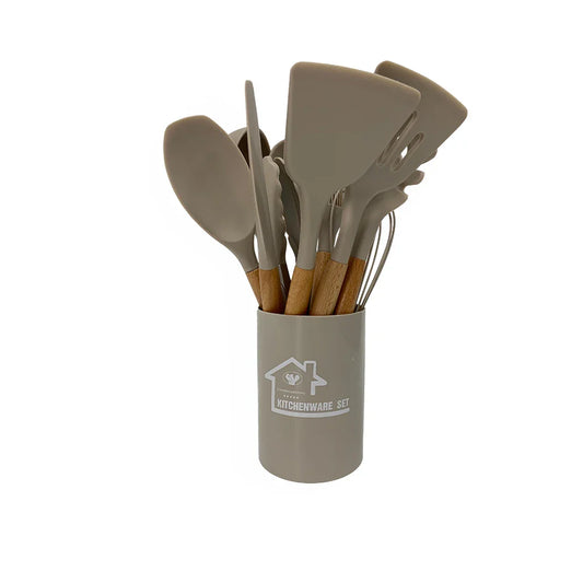 HKM-424339 Heat-Resistant Wooden Handle Silicone Cookware Set – 11 Pieces with Round Container