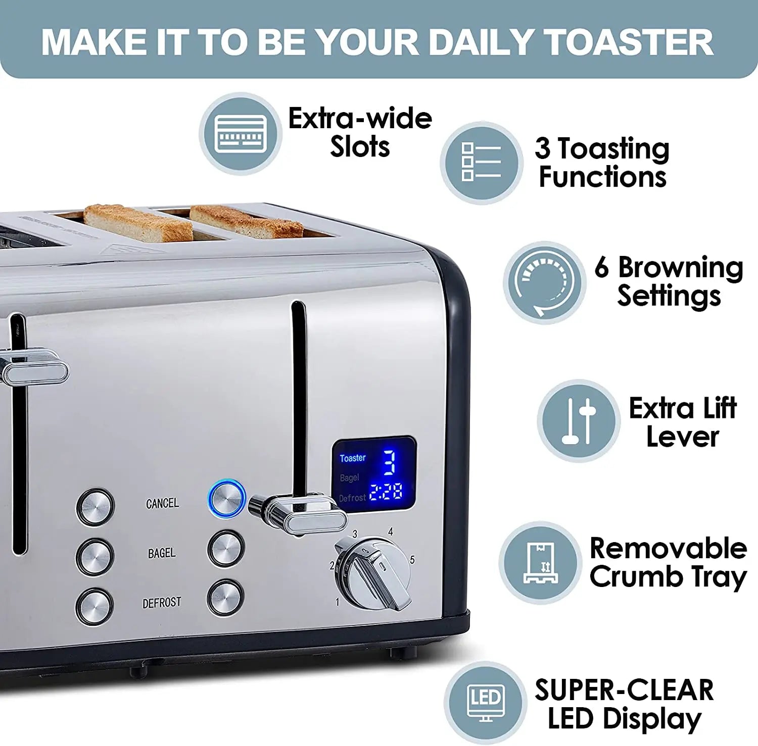 HKM-424531 Modern 4-Slice Electric Toaster with Touch Screen LED Display for Convenient Breakfast Preparation