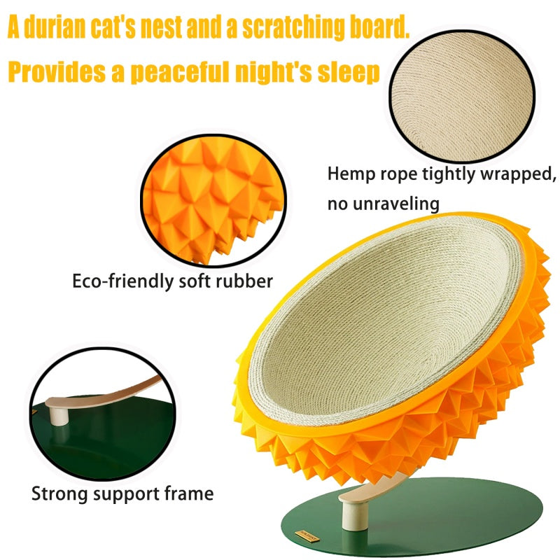 HKM-4247613 Durian Shaped Cat Scratching Bed - 3-in-1 Sisal Rope Scratching Board and Comfortable Resting House for Cat Claw Care