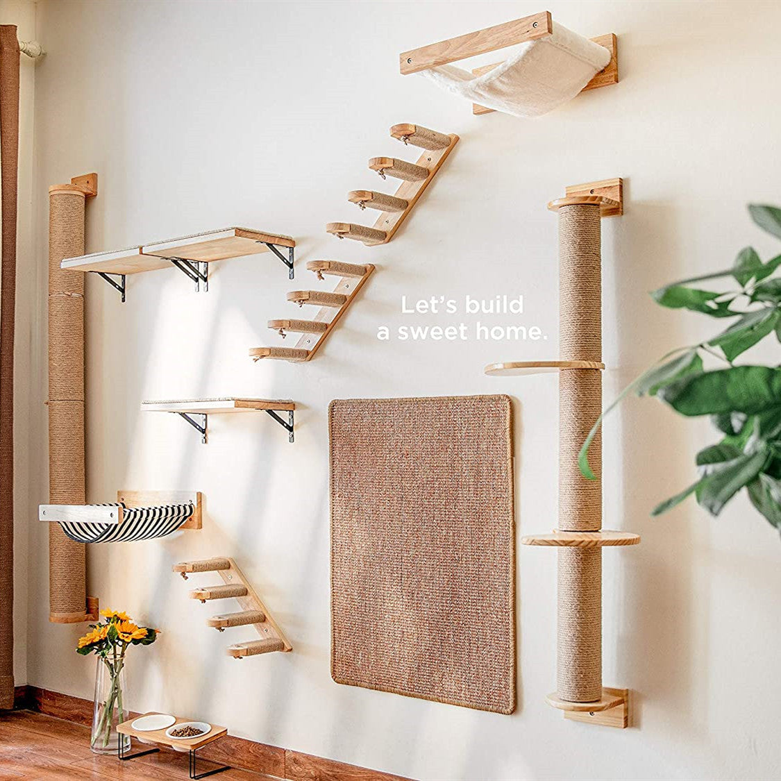 HKM-4247741 Multi-Layer Wooden Cat Wall Ladder - Pine Springboard Stairs for Play and Climbing