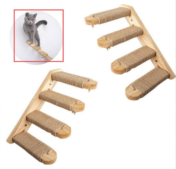HKM-4247741 Multi-Layer Wooden Cat Wall Ladder - Pine Springboard Stairs for Play and Climbing