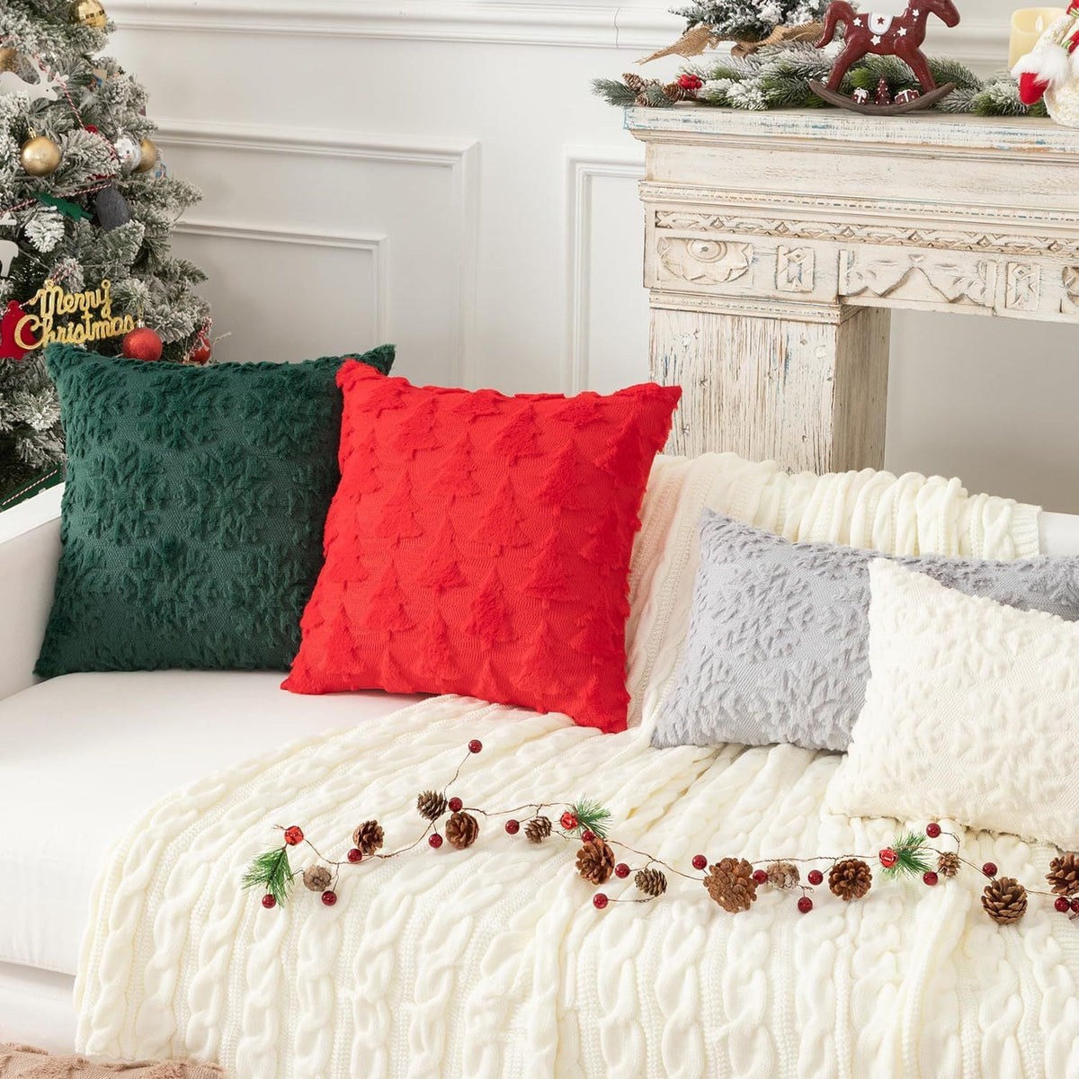 HKM-424787 Christmas Tree Embroidered Pillow Cover - Green, Red, White - 45x45cm