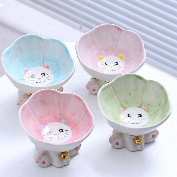 HKM-4249533 Cute Ceramic Cat Bowl with Anti-Tumble Design - Available in Blue, Green, Pink, and Purple